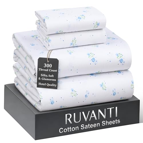 "Ruvanti 100% Cotton Sateen Sheets King Size, Floral Tossed - King Sheet 300 Thread Count 4 Piece Set, 16"" Deep Pocket, Cooling Bed Sheets For Hot Sleepers, Breathable & Durable"