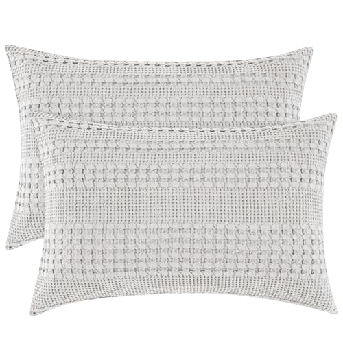 "PHF 100% Cotton Waffle Pillow Shams Queen Size, 2 Pack 20"" x 30"" Soft Skin-Friendly Pillowcases, No Filling, Aesthetic Woven and Breathable Waffle Weave Pillow Case Covers for Bed, Light Grey"