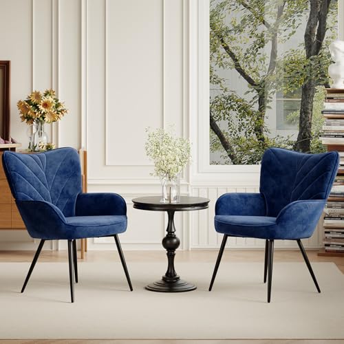 Upholstered Velvet Dining Chair with Armrests, Modern Nordic Dining Room Chair, Soft Padded Seat with Ergonomic Back, Black Metal Legs,Blue