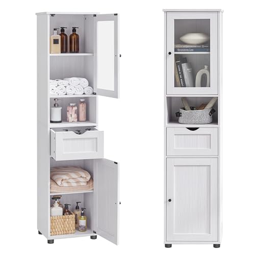 VASAGLE Tall Bathroom Cabinet Free Standing, Slim Bathroom Cupboard, with Open Shelf, Glass Door, Water-Resistant Feet, Height Adjustable Shelves, Space-Saving, Light Grey with Wood Grain BBK163T44