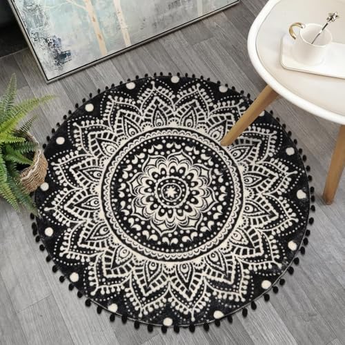 Uphome Boho Round Rug for Bedroom 3' Circle Mandala Black Bathroom Rug with Pom Poms Fringe Washable Circular Accent Throw Rugs Non-Slip Soft Floor Mat for Entryway Living Room Sofa Kids Room Nursery