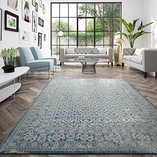 Vintage Living Room Rug, Traditional Damask Style Living Room Rug, Soft and Comfortable, Easy Care, 3 mm Mechanical Structured Weave, Polypropylene, 80 x 150 cm, Grey – Washed Blue