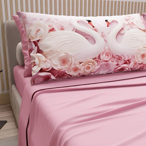 PETTI Artigiani Italiani - Cotton Sheets with Pillowcases in Digital Print, French Queen, Top and Bottom Sheet Set with Corners, Pink Swans, 100% Made in Italy