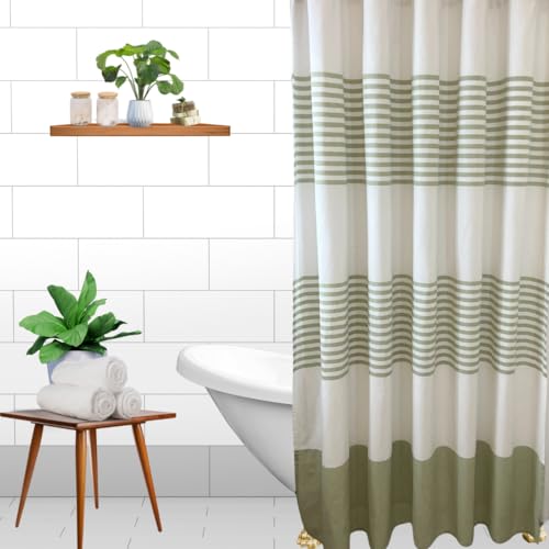 "Serafina Home Nautical Striped Sage Green and White Fabric Shower Curtain: 100% Cotton Luxury Hotel with Detailed Decorative Weave for Bathroom 70"" x 72"" (Collin Sage)"