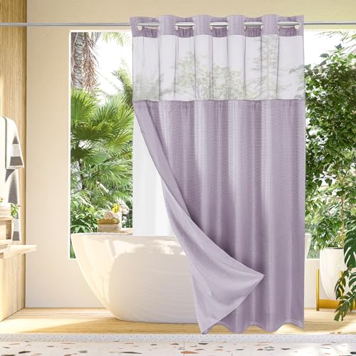 Gibelle No Hook Cloth Shower Curtain with Snap-in Fabric Liner Set for Bathroom, Hotel Style with Mesh Top Window, Waterproof & Washable, Lavender, 72x74