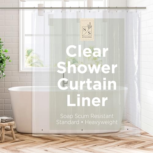 "Stitch & Stone Shower Curtain Liner, Premium Heavyweight Durable Waterproof 8g PEVA for Bathroom with Weighted Magnets, Standard Size 72"" x 72"", Clear 1 Pack"
