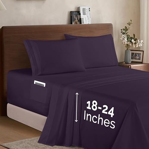 Elegant Comfort Luxury 1500 Premium Hotel Quality Microfiber 4-Piece Sheet Set - Soft, All Around Elastic 18-24 Inches Deep Fitted Sheet - Extra Deep Pocket Sheets, Full, Eggplant-Purple