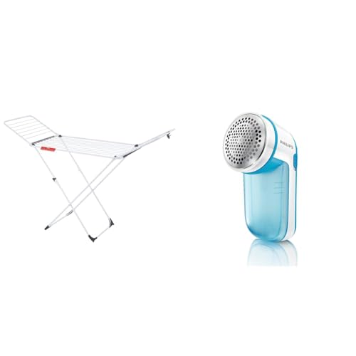 Vileda Extra X-Legs Clothes Airer, Indoor Clothes Drying Rack with 20m Washing Line, White & Philips Fabric Shaver GC026/00, Blue