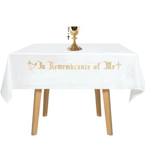VitalCozy Large in Remembrance of Me Altar Frontal 88.2x52in Holy Communion Table Cloth Cover White Rectangle Communion Table Cloths for Church for Gatherings Baptism Ceremonies (Gold Embroidery)