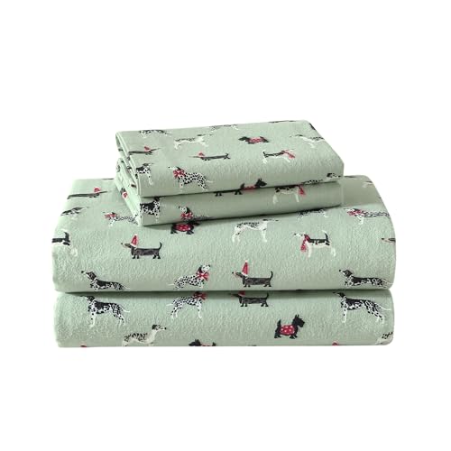 Laura Ashley - Twin Sheets, Cotton Flannel Bedding Set, Brushed for Extra Softness & Comfort (Holiday Pups Green, Twin)