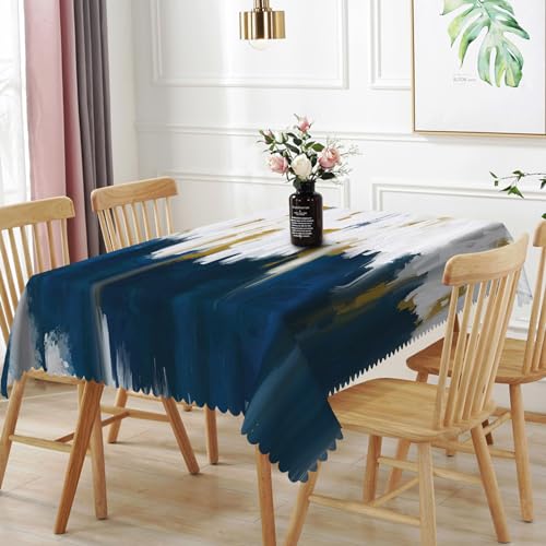 TTQYFNM 70x90inches Navy Blue White Tablecloth Abstract Brush Strokes Oil Painting Ombre Fabric Table Cloth Waterproof and Stain Resistant Rectangle Table Cover for Kitchen Dining Room Home Decor
