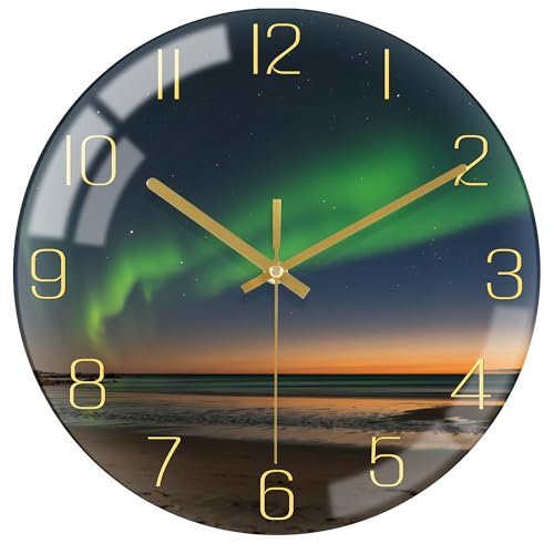"VIKMARI 12"" Silent Glass Wall Clock, Green Gold Kitchen & Living Room Decor - HD tempered glass clock with silent sweeping movement&large numbers.Modern green gold decor accessories for bedroom&office"