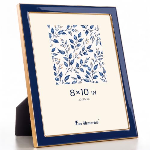Fun Memories 8x10 Picture Frame - 1pcs Navy Blue Enamel Glass Photo Frame with Gold Metal Edge & Easel for Display Picture Frame on Countertops, Tabletops, Bookshelves, Desks, Walls (Navy/Gold)
