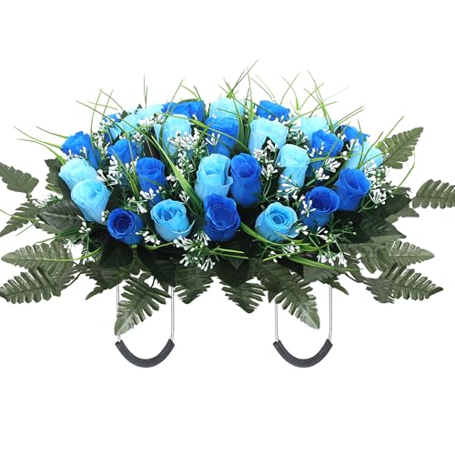 QSBOFOST Artificial Cemetery Flower Headstone Flower Saddle Grave Rose Flowers for Cemetery Non-Bleed Colors Windpoof (Blue)