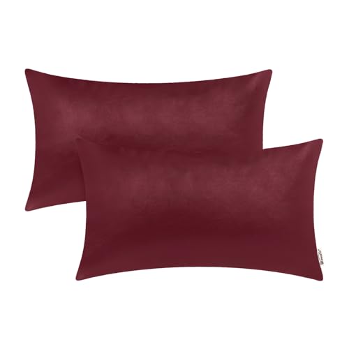 BRAWARM Decorative Throw Pillow Covers, Faux Leather Throw Pillow Cushion Covers, Solid Faux Leather Couch Cases for Living Room Garden Bed, Burgundy, 30cm x 50cm, Pack of 2
