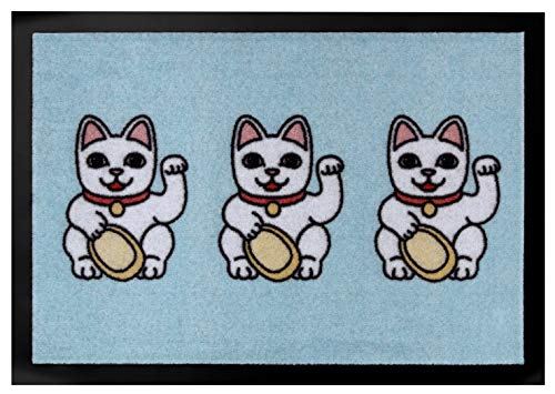 HANSE Home Design Door Mat Dirt Trapper Mat Three Lucky Cats with Lucky Cats Motif for Indoor and Outdoor Use (40 x 60 cm, 100% Polyamide, Non-Slip, Suitable for Underfloor Heating) Pastel Blue