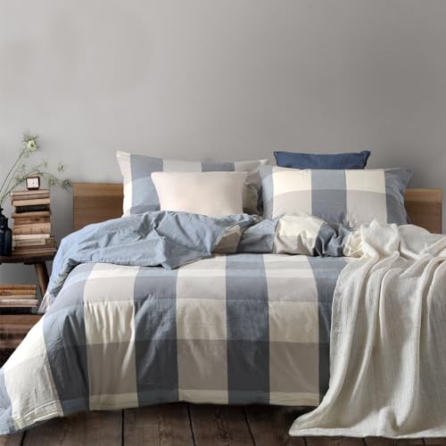 NSNLGSGC Duvet Cover Set, Navy Blue Gingham, Twin - 100% Washed Cotton, Kid Buffalo Plaid, Linen Feel, Durable & Breathable, 2PCS