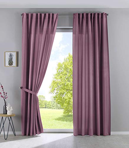"Set of 2 Cationic ""JENA"" curtains, concealed loops, H x W, 225 x 140 cm, antique pink, opaque, linen-look curtains, mottled curtain tape with tie backs, 2019037-2"