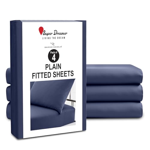 GC GAVENO CAVAILIA Microfiber Fitted Sheet King Size - 4 Pack Plain Bed Sheets - Deep Pocket 10 inch (25cm) - Shrinkage, Fade & Wrinkle Resistant Bottom Sheet, Fit to Mattress (152x203 cm) - Navy