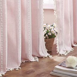 "Linen Boho Pink Embroidered Curtains for Girls Bedroom & Nursery - 84"" Long, 2 Panels, Light Filtering Farmhouse Drapes (52"" W x 84"" L)"