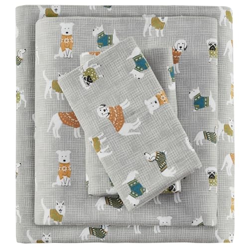 SLEEP PHILOSOPHY True North Cozy Flannel 100% Cotton Ultra Soft Cold Weather Sheet Set Bedding, Queen, Grey Dogs