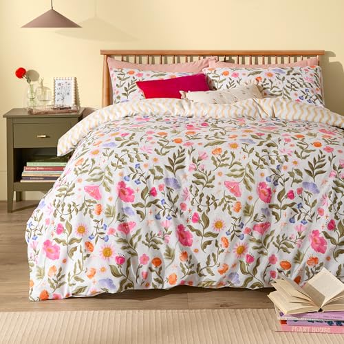 furn. Summer Solstice Duvet Cover Set – Reversible Celestial Floral Wiggle Stripe Cotton Blend Bedding (Multicolour - Super King)