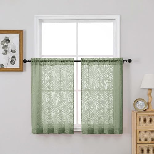 OVZME Textured Sage Green Sheer Curtains Tier 36 inch Length 2 Panels, Light Filtering Elegant Farmhouse Short Sheer Curtains for Bedroom Basement Small Window, Dual Rod Pocket, 2x28Wx36L Inches