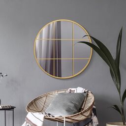"MirrorOutlet The Circulus - Solid Gold Metal Framed Window Modern Round Circular Wall Mirror 31"" X 31"" (80CM X 80CM) Silver Mirror Glass with Black All weather Backing."