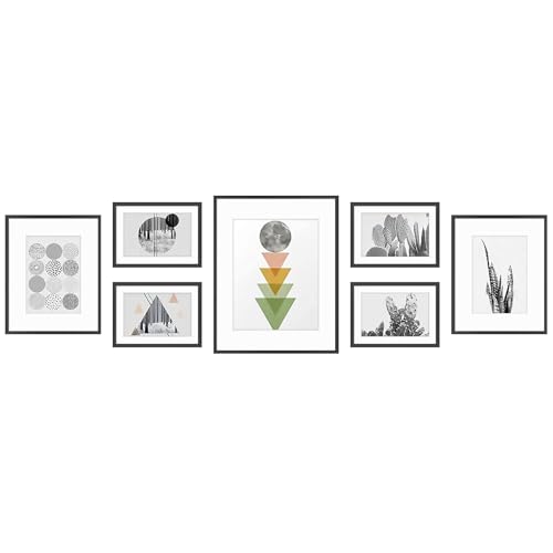 Golden State Art, Set of 7, Aluminum Photo Frame with Ivory Color Mat & Real Glass, Metal Wall Photo Frame Collection (Black)