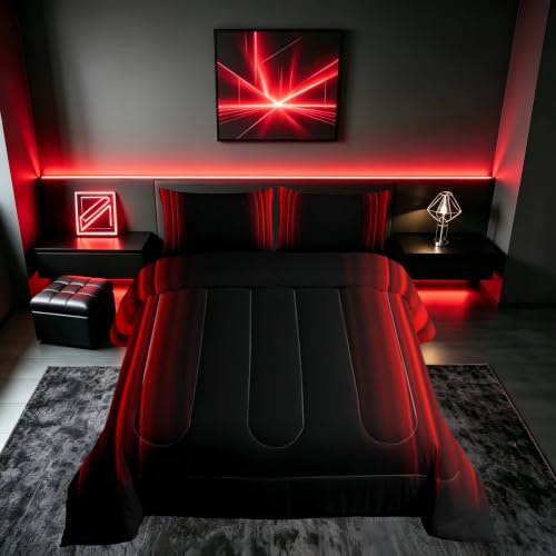 Feelyou Abstract Ombre Comforter Set Kids Teens Red and Black Bedding Set Room Decor 3Pcs Full Size