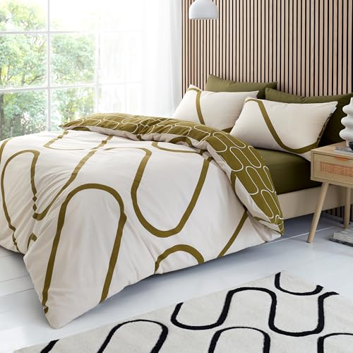 Catherine Lansfield Linear Curve Geometric Reversible Single Duvet Cover Set with Pillowcase Olive Green