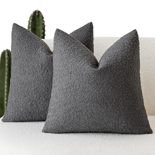 Foindtower Set of 2, Decorative Textured Boucle Throw Pillow Covers Accent Solid Pillow Cases Neutral Soft Cozy Couch Cushion Case for Chair Sofa Bedroom Living Room Home Decor 16 x 16 Inch Dark Grey