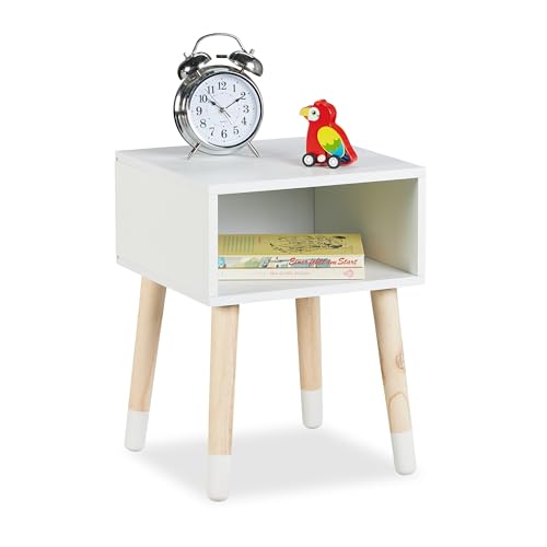 Relaxdays Children's Bedside Table, Nightstand with Open Shelf, 40x30x30 cm, Kids Bedroom, 4 Wooden Legs, MDF, White, Fibreboard, Wood