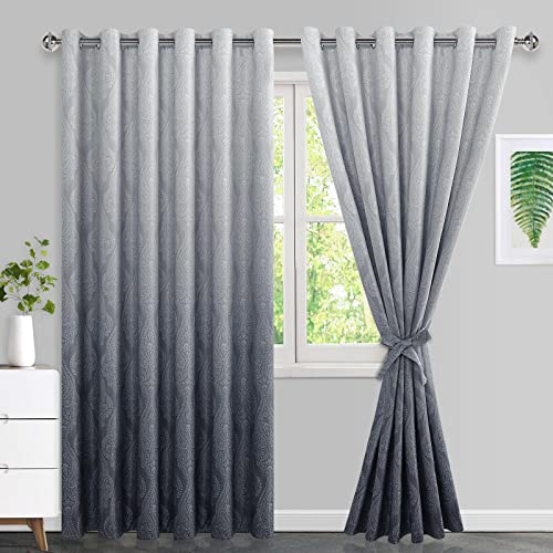 JIUZHEN Grey Ombre Blackout Curtains for Bedroom??? Damask Patterned Thermal Insulated Noise Reducing Grommet Curtains with Tiebacks, 70 x 84 Inches, Set of 2 Window Curtain Panels