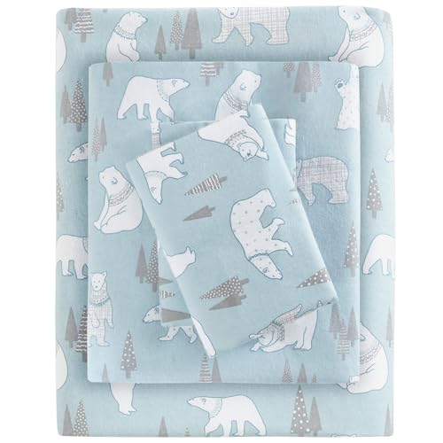 SLEEP PHILOSOPHY True North Cozy Flannel 100% Cotton Ultra Soft Cold Weather Sheet Set Bedding, Twin XL, Blue Polar Bears 3 Piece