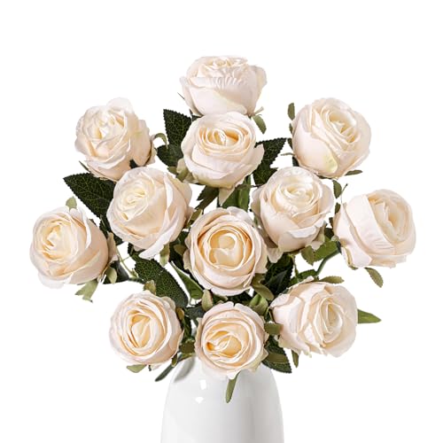 Wenhuidr 12pcs Cream White Roses Artificial Flowers ??? Realistic Silk Velvet Fake Flowers with Long Stems for Valentines Day Wedding Bouquets Home Decor Party Centrepieces & DIY Floral Arrangements
