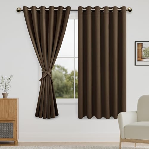 DWCN Blackout Curtains for Bedroom with Tiebacks - Room Darkening Privacy Grommet Top Window Curtains for Living Room, 70 x 63 inch Length, Brown, Set of 2 Panels