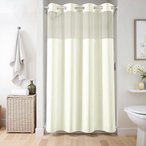 River Dream No Hook Fabric Shower Curtain or Liner with Sheer Window, Beige - No Liner Included or Needed, One-Piece Design, Hotel-Quality Material for Bathroom, Water Repellent, Machine Washable, 54x80