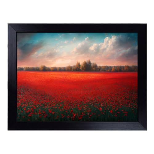 Lap Tray with Bean Bag Cushion, Fascinating Poppy Field Flowers - Handmade in the UK, Raised Wooden Edge, Padded Cushion, Heat-Resistant Wipe-Clean Surface, for Meals, Laptops and Crafts