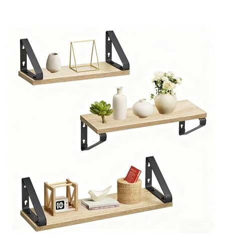 Relaxdays Wall Shelves Set of 3, Wood-Effect & Metal, Book & Decor Storage, 30/35/40 cm, Natural