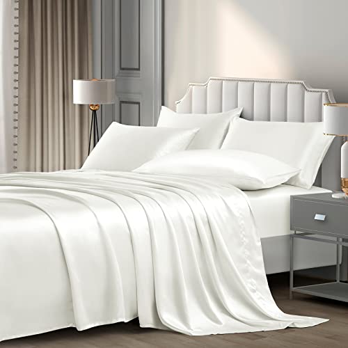 Pothuiny 6 Pcs Queen Satin Sheets Luxury Silky White Satin Bedding Sheet Set, 1 Deep Pocket Fitted Sheet + 1 Flat Sheet + 4 Pillow Cases