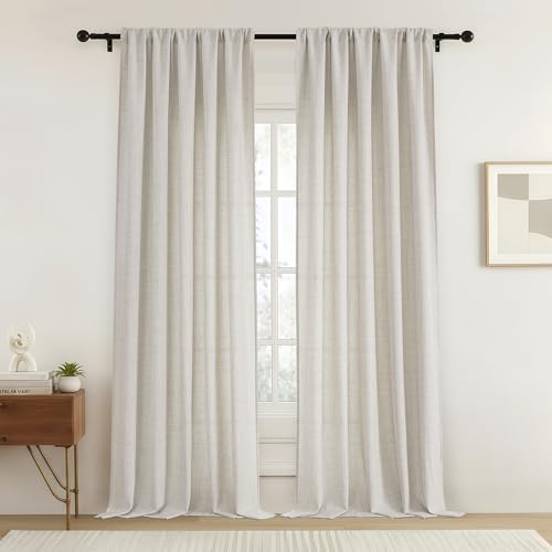 OVZME Extra Wide Natural Curtains 120 Inches Long 2 Panels, Extra Long Light Filtering Textured Curtains for Living Room Sliding Glass Door, Lightweight Farmhouse Rod Pocket Drapes, 2x52Wx120L Inches
