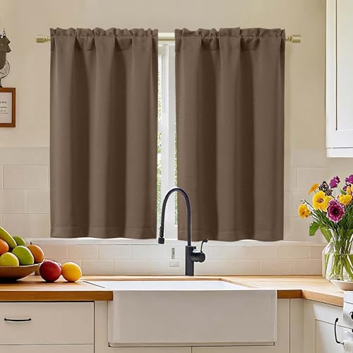 "Simplebrand Brown Blackout Curtains 45 inch Length 2 Panels, Thermal Insulating Energy Saving Tiers Drapes with Rod Pocket, Small Window Drapes Black Out Bathroom Laundry Room RV, Each 30"" Wx45 L"