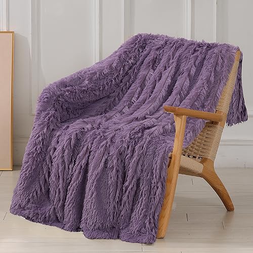 "Tuddrom Decorative Extra Soft Fuzzy Faux Fur Throw Blanket 50"" x 60"",Solid Reversible Long Hair Shaggy Blanket,Fluffy Plush Comfy Microfiber Fleece Blanket for Couch Sofa Bedroom,Patrican Purple"