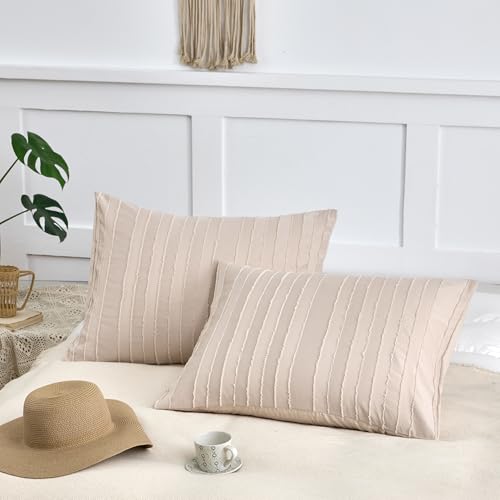 xuan dian Queen Pillow Shams 2 Pack, Queen Size Pillowcases, Soft Microfiber Geometric Striped Boho Pillow Covers with Envelope Closure, Cream, 20x30 Inches (No Insert)