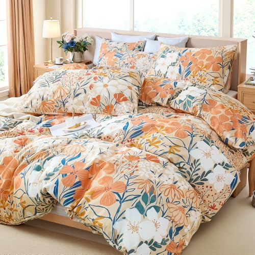 Cozaline 100% Cotton Duvet Cover Queen Size ??? Autumn Botanical Floral Duvet Cover Set with Zipper Closure, 3-Piece Soft Breathable Percale Weave Bedding Set for All Seasons