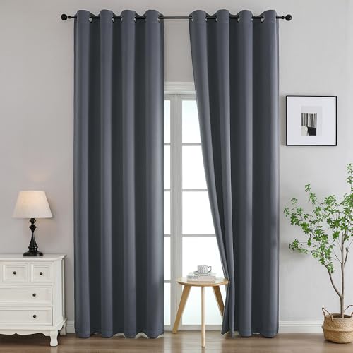 Simplebrand Grey Curtains for Bedroom Living Room 96 Inches Long 2 Panels Set, Room Darkening Thermal Insulated Curtains & Drapes, Solid Grommet Noise Reducing Window Treatment, W50 x L96 Inch