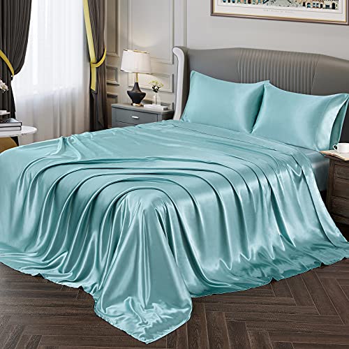 Vonty Single Bed Satin Sheets Twin XL - Silky Soft Aqua Satin Sheet Set, 1 Deep Pocket Fitted + 1 Flat + 1 Pillowcases