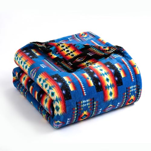 Sacred Thread Aztec Blanket Fleece, Reversible Native American Blanket, Western Throw, Native American Western (Blue Flannel), Throw (40???x60???)