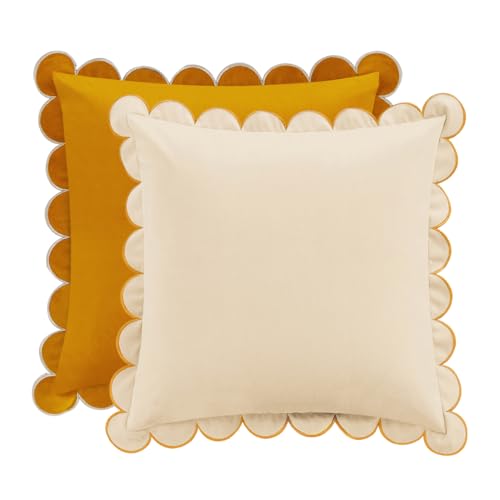 MONDAY MOOSE Decorative Throw Pillow Covers Cushion Cases, Set of 2 Soft Velvet Scalloped Round Edge Designs, Mix and Match for Home Decor, Pillow Inserts Not Included (20x20 inch, Honey/Cream)